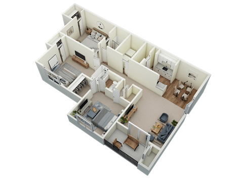 Floor plan for 3 beds, 2 baths, 1227 sqft